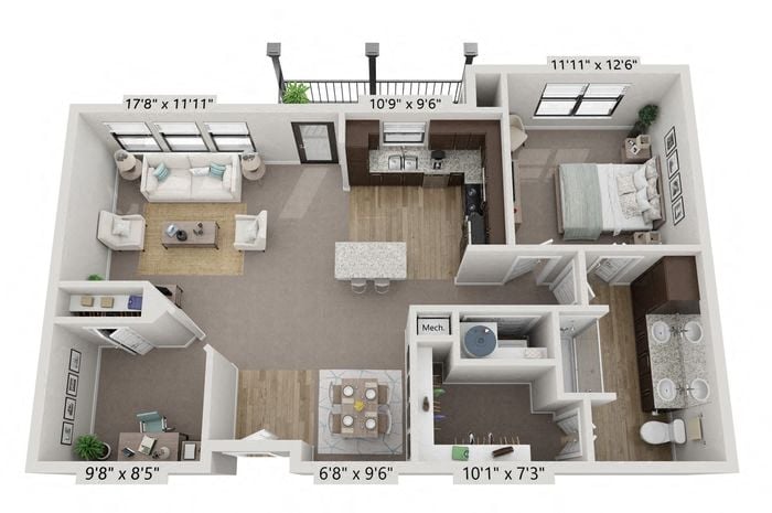 a 1 bedroom floor plan with a bathroom and a kitchen